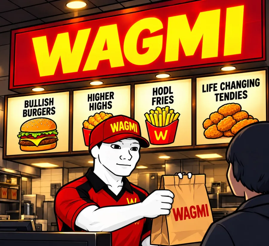The WAGMI worker handing over a WAGMI bag at the counter, under a menu of bullish burgers, higher highs, HODL fries and life-changing tendies